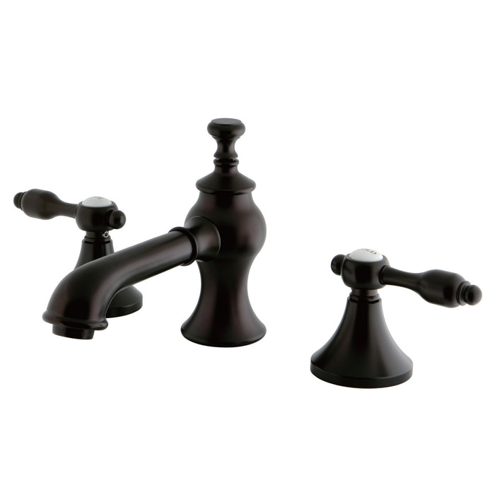 Kingston Tulare KC7065TAL - Tudor Two-Handle 3-Hole Deck Mount Widespread Bathroom Faucet with Brass Pop-Up, Oil Rubbed Bronze