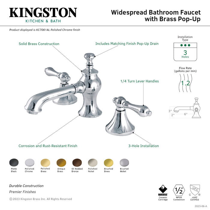 Kingston Tulare KC7066AL - Vintage Two-Handle 3-Hole Deck Mount Widespread Bathroom Faucet with Brass Pop-Up, Polished Nickel