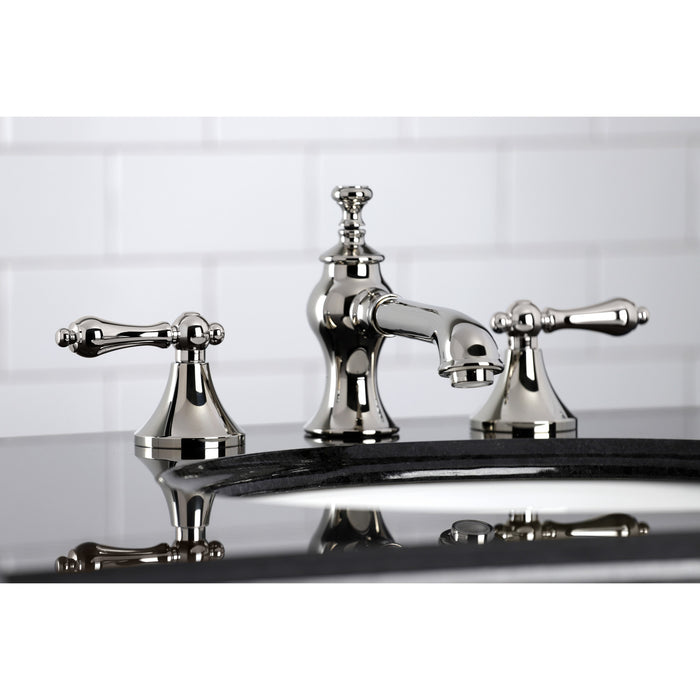 Kingston Tulare KC7066AL - Vintage Two-Handle 3-Hole Deck Mount Widespread Bathroom Faucet with Brass Pop-Up, Polished Nickel