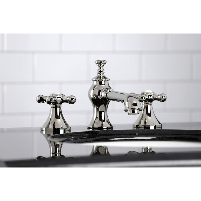 Kingston Tulare KC7066AX - Vintage Two-Handle 3-Hole Deck Mount Widespread Bathroom Faucet with Brass Pop-Up, Polished Nickel