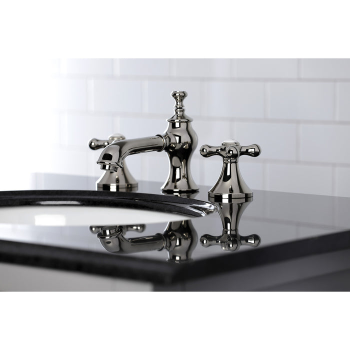 Kingston Tulare KC7066AX - Vintage Two-Handle 3-Hole Deck Mount Widespread Bathroom Faucet with Brass Pop-Up, Polished Nickel