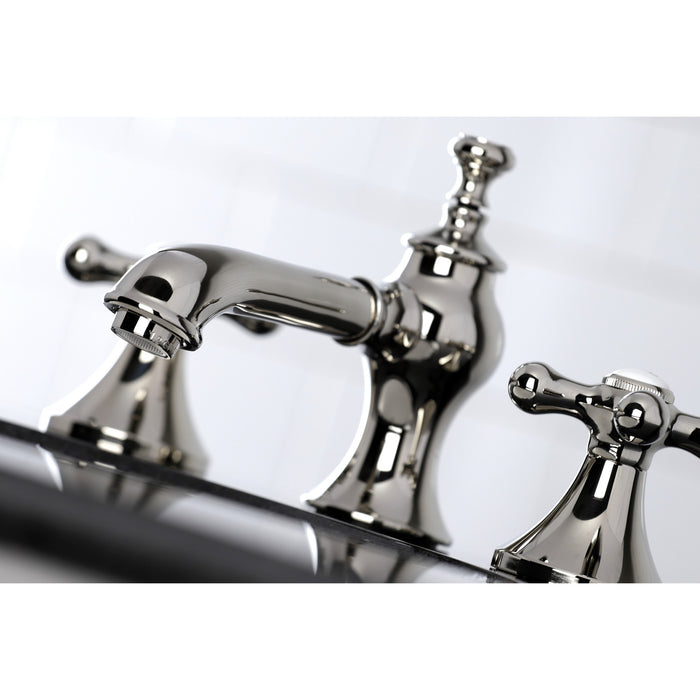 Kingston Tulare KC7066AX - Vintage Two-Handle 3-Hole Deck Mount Widespread Bathroom Faucet with Brass Pop-Up, Polished Nickel