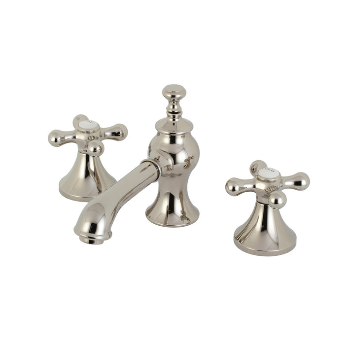 Kingston Tulare KC7066AX - Vintage Two-Handle 3-Hole Deck Mount Widespread Bathroom Faucet with Brass Pop-Up, Polished Nickel
