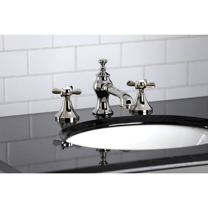 Kingston Tulare KC7066BEX - Essex Two-Handle 3-Hole Deck Mount Widespread Bathroom Faucet with Brass Pop-Up, Polished Nickel