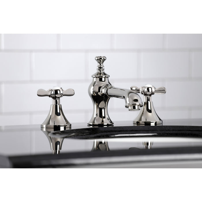 Kingston Tulare KC7066BEX - Essex Two-Handle 3-Hole Deck Mount Widespread Bathroom Faucet with Brass Pop-Up, Polished Nickel