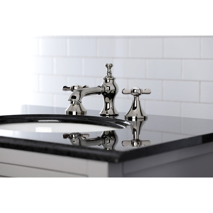 Kingston Tulare KC7066BEX - Essex Two-Handle 3-Hole Deck Mount Widespread Bathroom Faucet with Brass Pop-Up, Polished Nickel