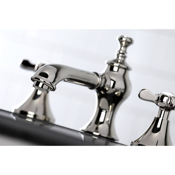 Kingston Tulare KC7066BEX - Essex Two-Handle 3-Hole Deck Mount Widespread Bathroom Faucet with Brass Pop-Up, Polished Nickel