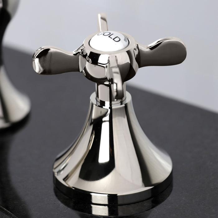 Kingston Tulare KC7066BEX - Essex Two-Handle 3-Hole Deck Mount Widespread Bathroom Faucet with Brass Pop-Up, Polished Nickel