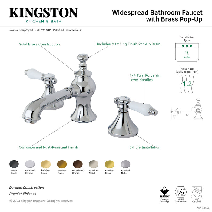 Kingston Tulare KC7066BPL - Bel-Air Two-Handle 3-Hole Deck Mount Widespread Bathroom Faucet with Brass Pop-Up, Polished Nickel