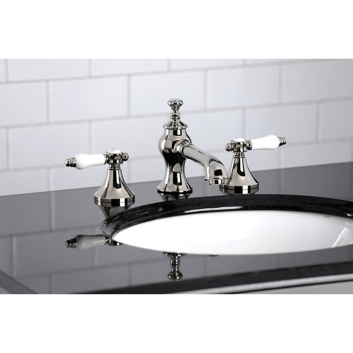 Kingston Tulare KC7066BPL - Bel-Air Two-Handle 3-Hole Deck Mount Widespread Bathroom Faucet with Brass Pop-Up, Polished Nickel