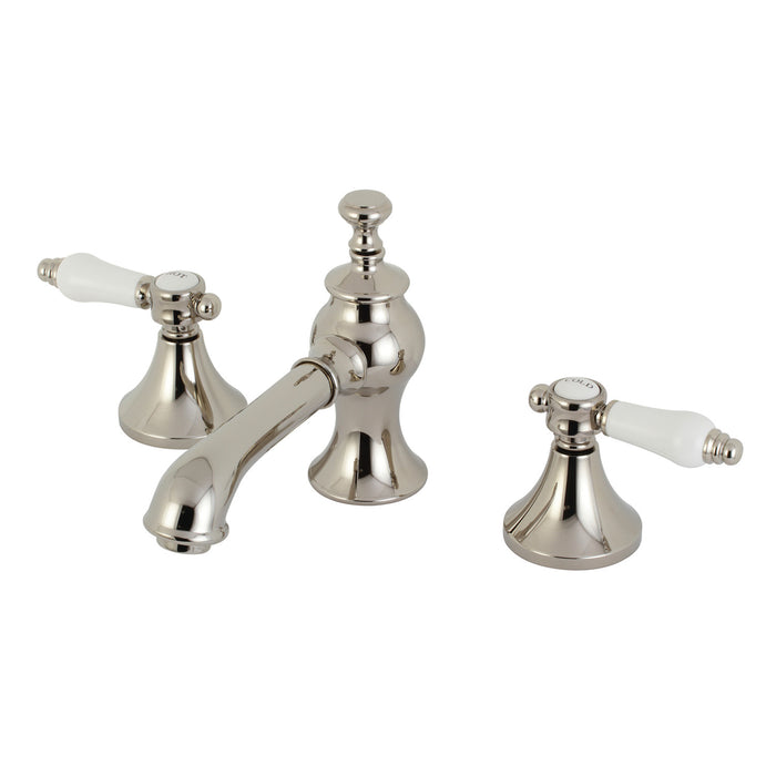 Kingston Tulare KC7066BPL - Bel-Air Two-Handle 3-Hole Deck Mount Widespread Bathroom Faucet with Brass Pop-Up, Polished Nickel