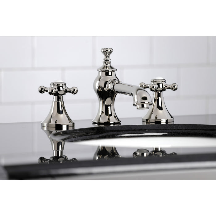 English Country KC7066BX Two-Handle 3-Hole Deck Mount Widespread Bathroom Faucet with Brass Pop-Up, Polished Nickel