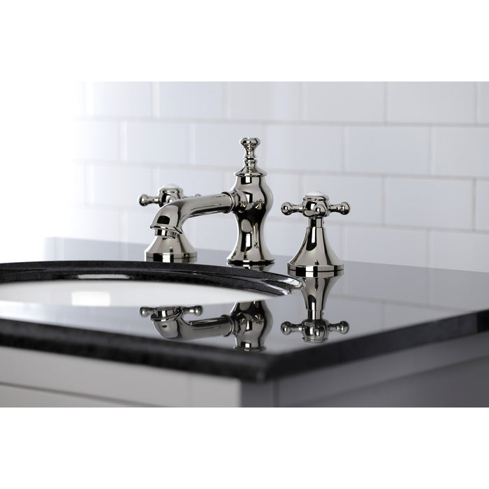 English Country KC7066BX Two-Handle 3-Hole Deck Mount Widespread Bathroom Faucet with Brass Pop-Up, Polished Nickel