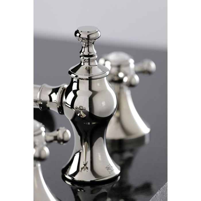 English Country KC7066BX Two-Handle 3-Hole Deck Mount Widespread Bathroom Faucet with Brass Pop-Up, Polished Nickel