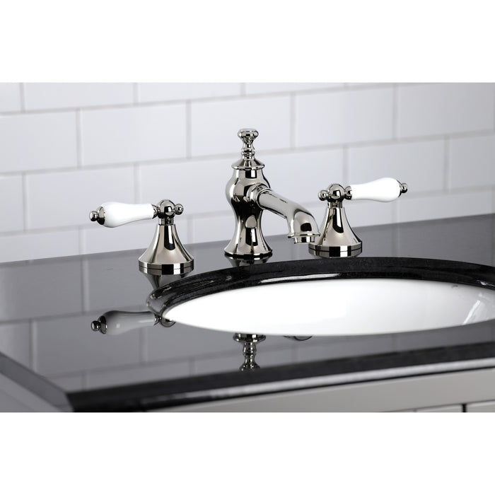 Kingston Tulare KC7066PL - Vintage Two-Handle 3-Hole Deck Mount Widespread Bathroom Faucet with Brass Pop-Up, Polished Nickel