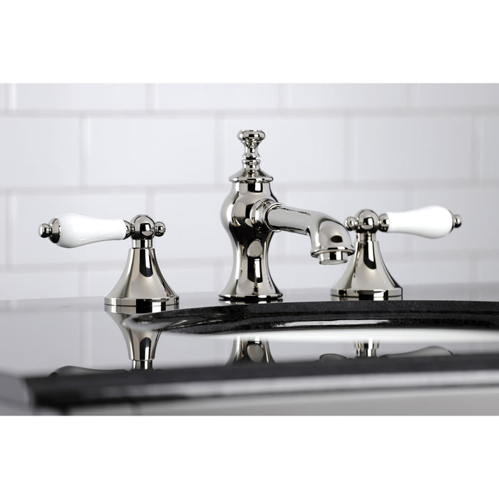 Kingston Tulare KC7066PL - Vintage Two-Handle 3-Hole Deck Mount Widespread Bathroom Faucet with Brass Pop-Up, Polished Nickel