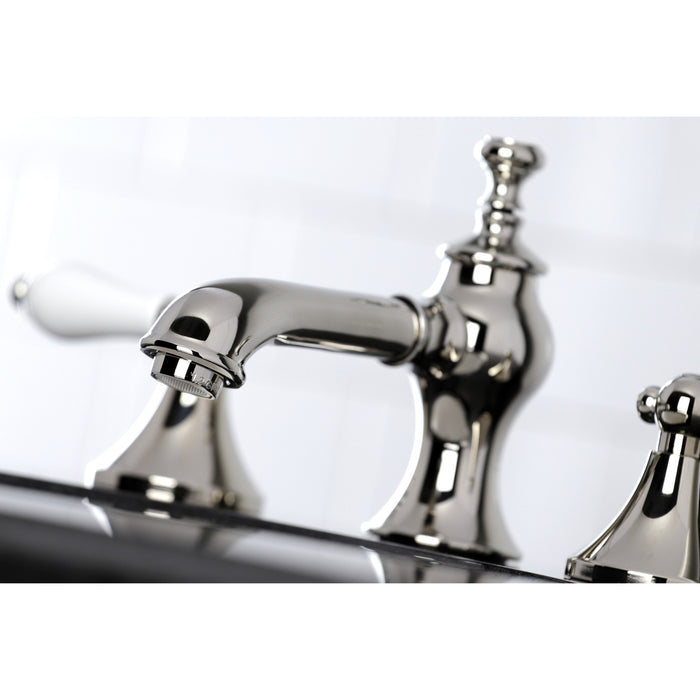 Kingston Tulare KC7066PL - Vintage Two-Handle 3-Hole Deck Mount Widespread Bathroom Faucet with Brass Pop-Up, Polished Nickel