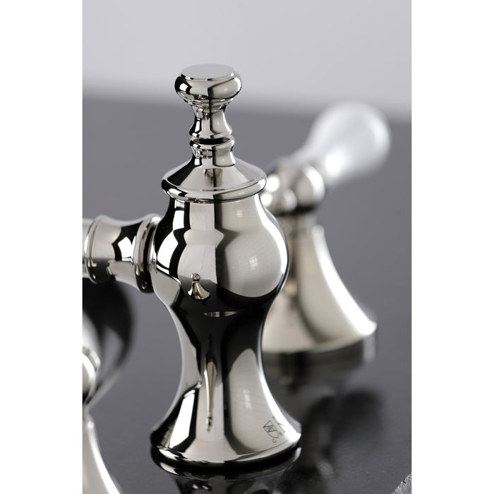 Kingston Tulare KC7066PL - Vintage Two-Handle 3-Hole Deck Mount Widespread Bathroom Faucet with Brass Pop-Up, Polished Nickel