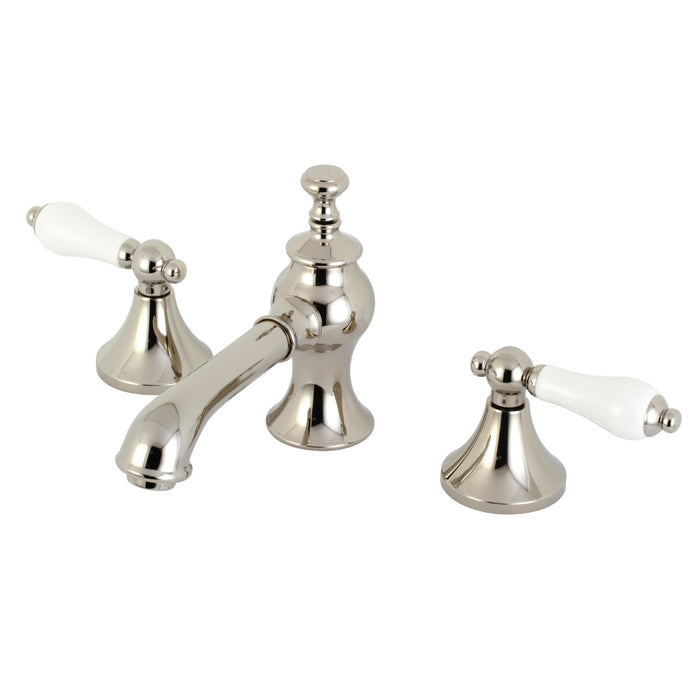 Kingston Tulare KC7066PL - Vintage Two-Handle 3-Hole Deck Mount Widespread Bathroom Faucet with Brass Pop-Up, Polished Nickel