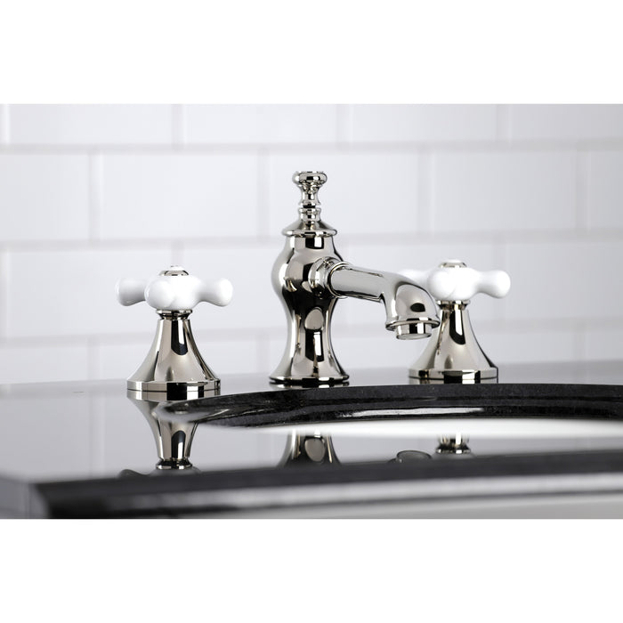 Kingston Tulare KC7066PX - Vintage Two-Handle 3-Hole Deck Mount Widespread Bathroom Faucet with Brass Pop-Up, Polished Nickel