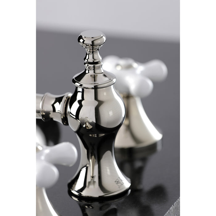 Kingston Tulare KC7066PX - Vintage Two-Handle 3-Hole Deck Mount Widespread Bathroom Faucet with Brass Pop-Up, Polished Nickel