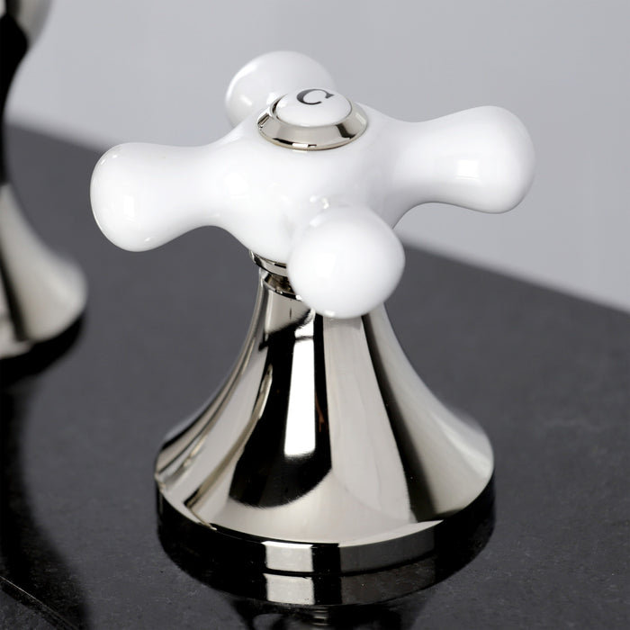 Kingston Tulare KC7066PX - Vintage Two-Handle 3-Hole Deck Mount Widespread Bathroom Faucet with Brass Pop-Up, Polished Nickel