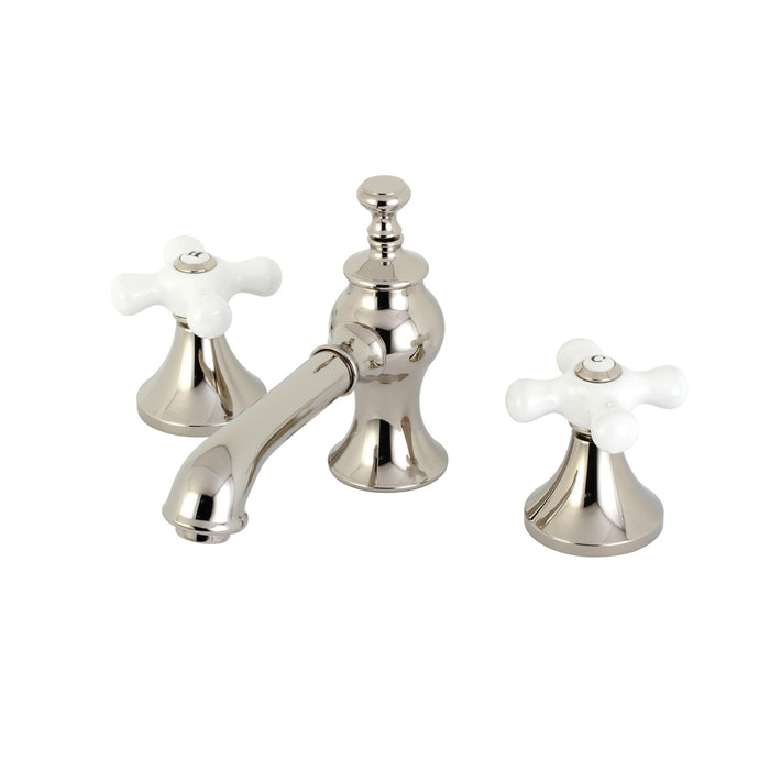 Kingston Tulare KC7066PX - Vintage Two-Handle 3-Hole Deck Mount Widespread Bathroom Faucet with Brass Pop-Up, Polished Nickel