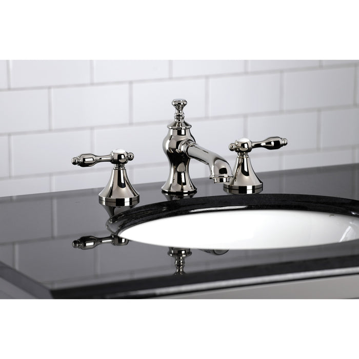 Kingston Tulare KC7066TAL - Tudor Two-Handle 3-Hole Deck Mount Widespread Bathroom Faucet with Brass Pop-Up, Polished Nickel