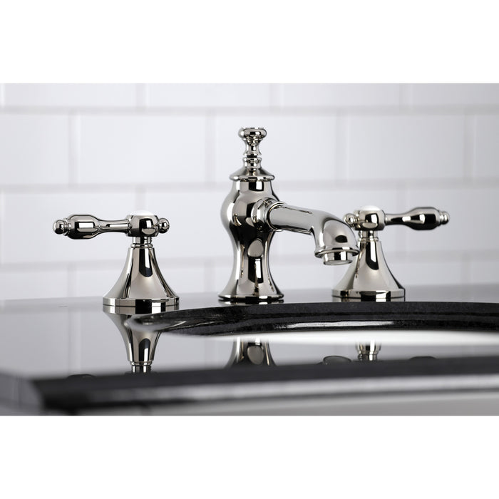 Kingston Tulare KC7066TAL - Tudor Two-Handle 3-Hole Deck Mount Widespread Bathroom Faucet with Brass Pop-Up, Polished Nickel