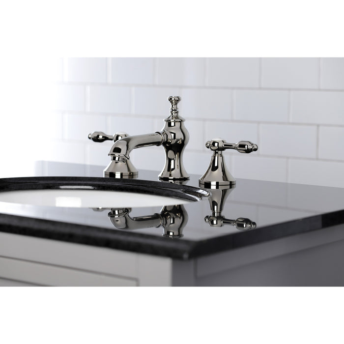 Tudor KC7066TAL Two-Handle 3-Hole Deck Mount Widespread Bathroom Faucet with Brass Pop-Up, Polished Nickel