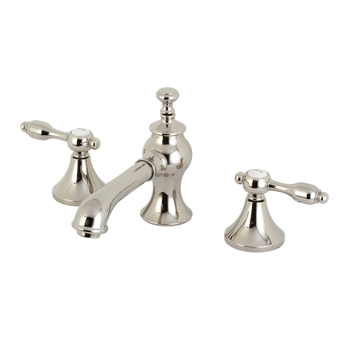 Kingston Tulare KC7066TAL - Tudor Two-Handle 3-Hole Deck Mount Widespread Bathroom Faucet with Brass Pop-Up, Polished Nickel