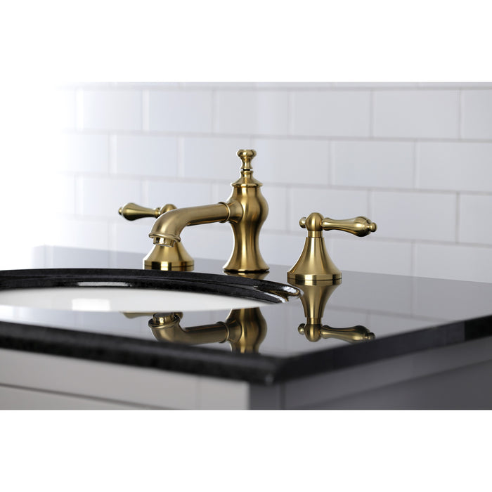 Vintage KC7067AL Two-Handle 3-Hole Deck Mount Widespread Bathroom Faucet with Brass Pop-Up, Brushed Brass