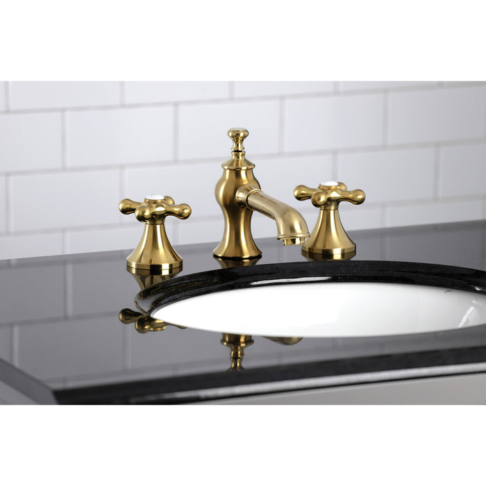 Kingston Tulare KC7067AX - Vintage Two-Handle 3-Hole Deck Mount Widespread Bathroom Faucet with Brass Pop-Up, Brushed Brass