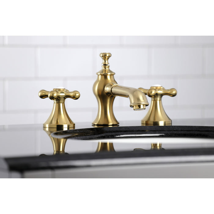 Kingston Tulare KC7067AX - Vintage Two-Handle 3-Hole Deck Mount Widespread Bathroom Faucet with Brass Pop-Up, Brushed Brass