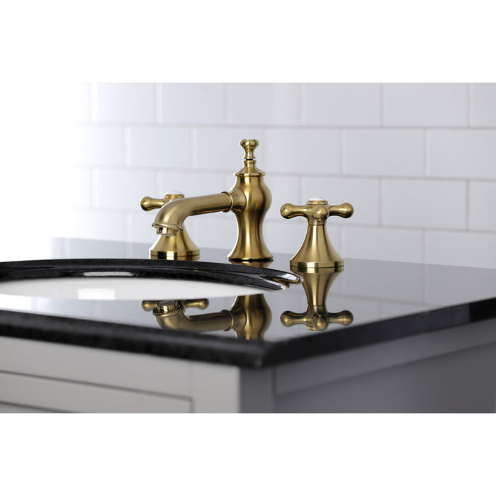 Kingston Tulare KC7067AX - Vintage Two-Handle 3-Hole Deck Mount Widespread Bathroom Faucet with Brass Pop-Up, Brushed Brass