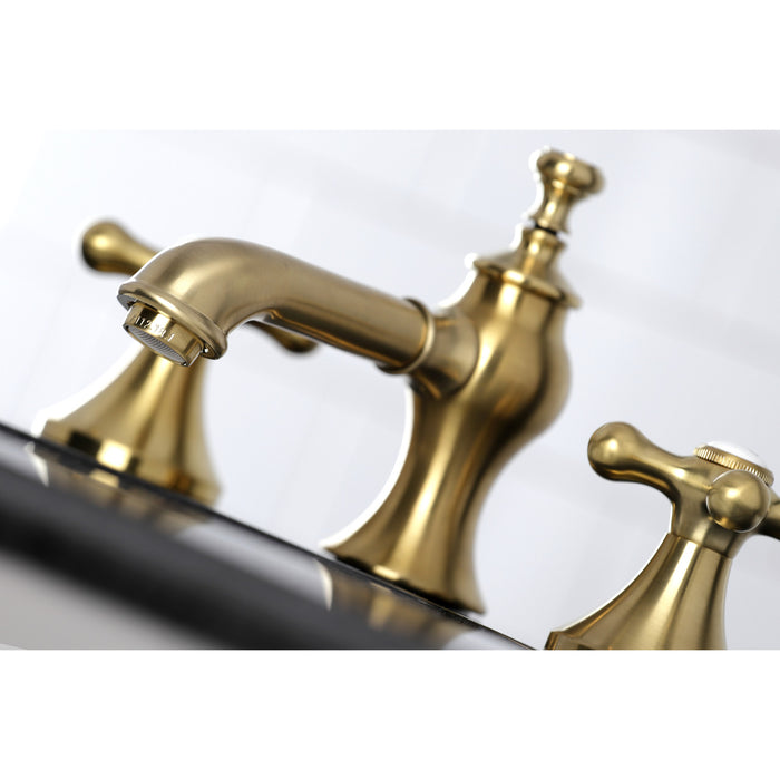 Kingston Tulare KC7067AX - Vintage Two-Handle 3-Hole Deck Mount Widespread Bathroom Faucet with Brass Pop-Up, Brushed Brass