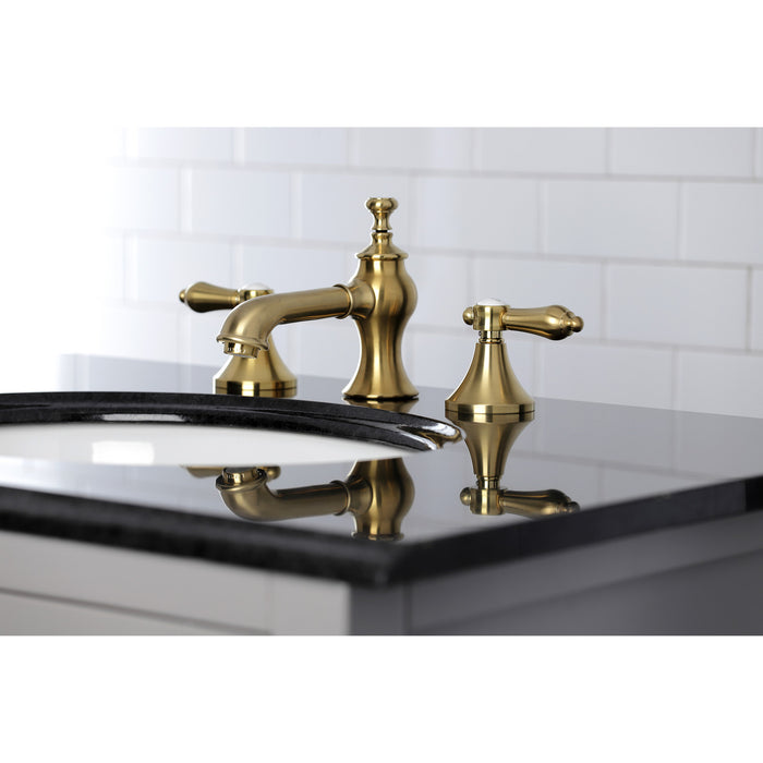 Heirloom KC7067BAL Two-Handle 3-Hole Deck Mount Widespread Bathroom Faucet with Brass Pop-Up, Brushed Brass