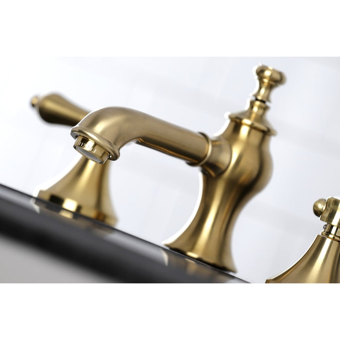 Heirloom KC7067BAL Two-Handle 3-Hole Deck Mount Widespread Bathroom Faucet with Brass Pop-Up, Brushed Brass