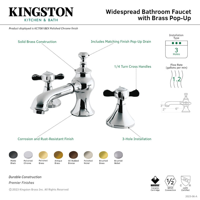 Kingston Tulare KC7067BEX - Essex Two-Handle 3-Hole Deck Mount Widespread Bathroom Faucet with Brass Pop-Up, Brushed Brass
