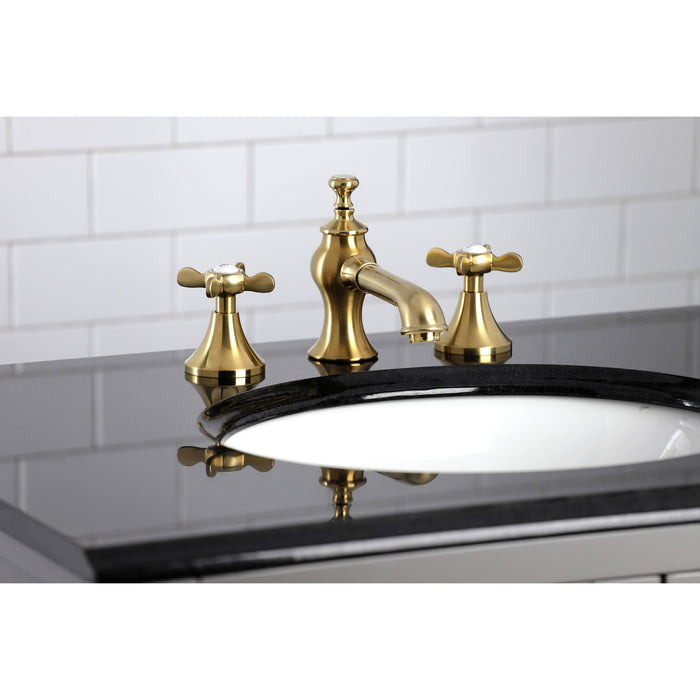 Kingston Tulare KC7067BEX - Essex Two-Handle 3-Hole Deck Mount Widespread Bathroom Faucet with Brass Pop-Up, Brushed Brass