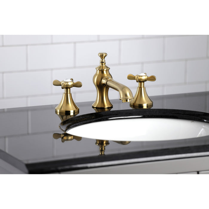 Essex KC7067BEX Two-Handle 3-Hole Deck Mount Widespread Bathroom Faucet with Brass Pop-Up, Brushed Brass