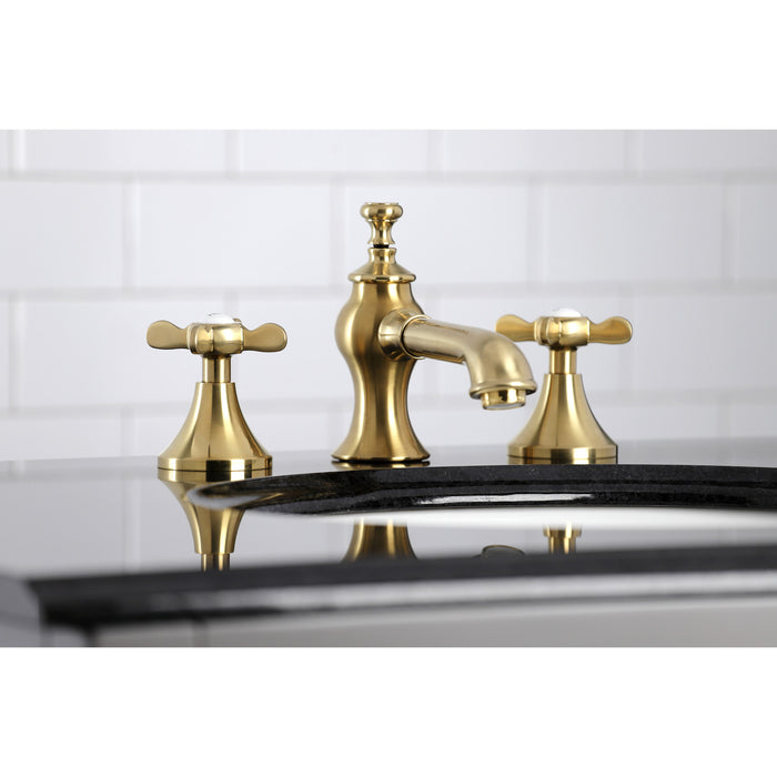 Kingston Tulare KC7067BEX - Essex Two-Handle 3-Hole Deck Mount Widespread Bathroom Faucet with Brass Pop-Up, Brushed Brass