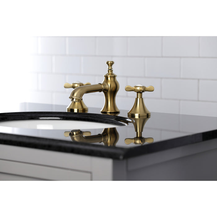 Kingston Tulare KC7067BEX - Essex Two-Handle 3-Hole Deck Mount Widespread Bathroom Faucet with Brass Pop-Up, Brushed Brass