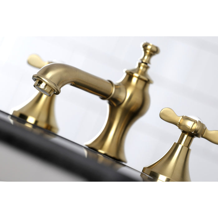 Kingston Tulare KC7067BEX - Essex Two-Handle 3-Hole Deck Mount Widespread Bathroom Faucet with Brass Pop-Up, Brushed Brass