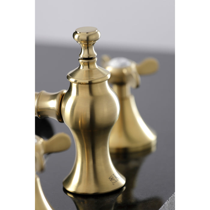 Kingston Tulare KC7067BEX - Essex Two-Handle 3-Hole Deck Mount Widespread Bathroom Faucet with Brass Pop-Up, Brushed Brass