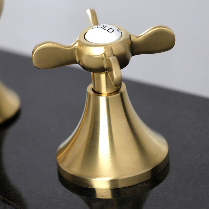 Kingston Tulare KC7067BEX - Essex Two-Handle 3-Hole Deck Mount Widespread Bathroom Faucet with Brass Pop-Up, Brushed Brass