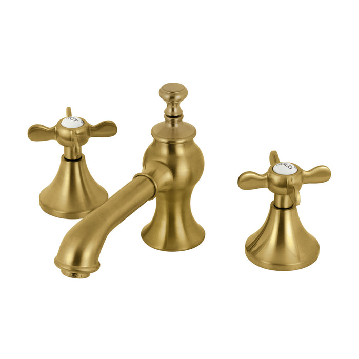 Kingston Tulare KC7067BEX - Essex Two-Handle 3-Hole Deck Mount Widespread Bathroom Faucet with Brass Pop-Up, Brushed Brass