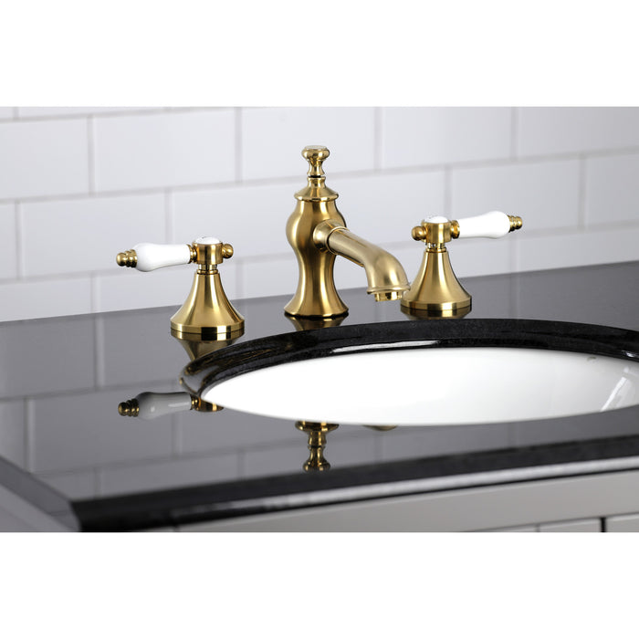 Kingston Tulare KC7067BPL - Bel-Air Two-Handle 3-Hole Deck Mount Widespread Bathroom Faucet with Brass Pop-Up, Brushed Brass