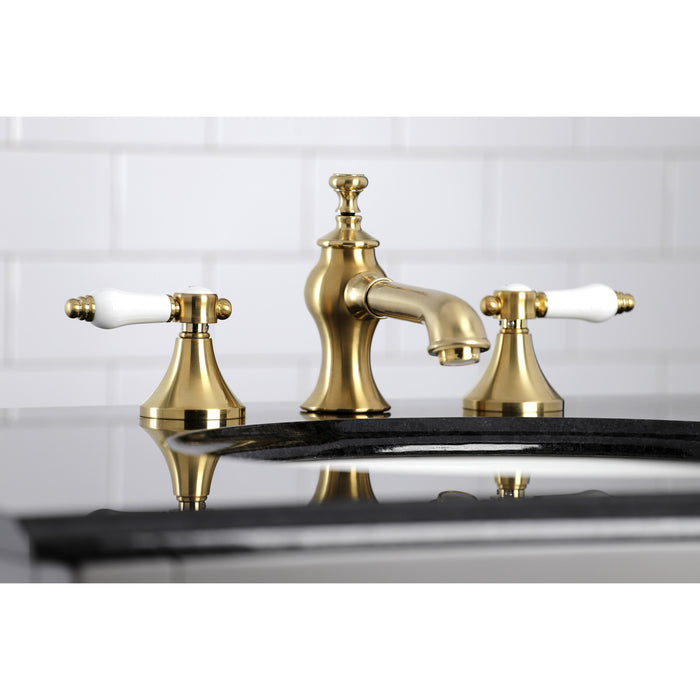 Kingston Tulare KC7067BPL - Bel-Air Two-Handle 3-Hole Deck Mount Widespread Bathroom Faucet with Brass Pop-Up, Brushed Brass