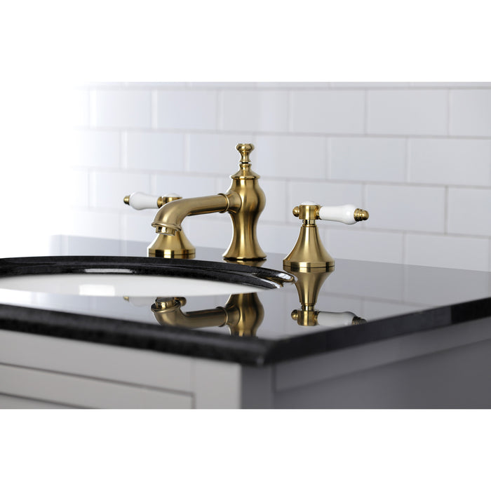 Kingston Tulare KC7067BPL - Bel-Air Two-Handle 3-Hole Deck Mount Widespread Bathroom Faucet with Brass Pop-Up, Brushed Brass